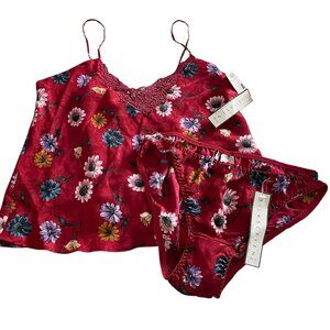 Vintage Deadstock 90s Silkscreen Lingerie Set M Red Floral Silk Cami & Panties